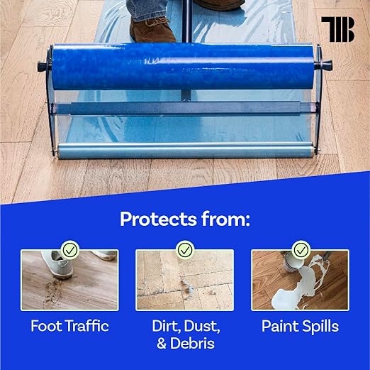 Floor Protection Film, 48" x 200', Made in USA, Blue Self Adhesive Floor Protector Tape for Moving, Painting and Construction, Temporary Covering to Shield Hardwood, Tile, Hard Surfaces