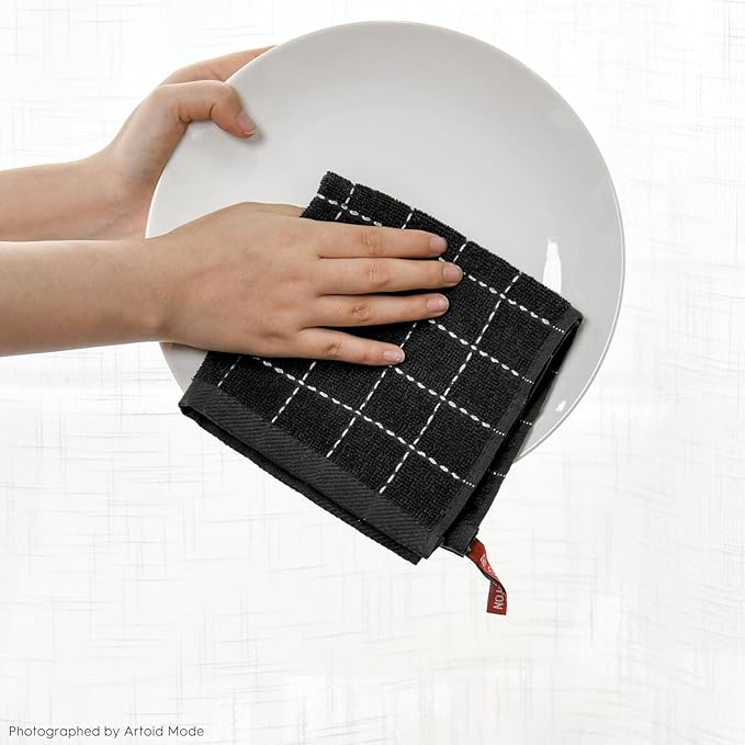 Artoid Mode Checkered Designed Cotton Black Grey Terry Kitchen Dish Cloths, 12x12 Inch Soft Absorbent Quick Drying Cleaning Kitchen Rags Set of 6