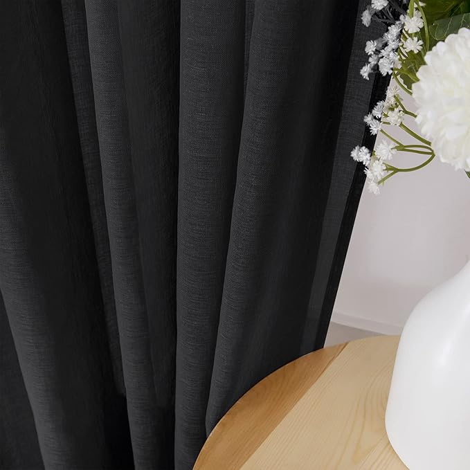 Tollpiz Short Sheer Curtain Linen Textured Bedroom Curtains Sheer Light Filtering Rod Pocket Voile Curtain for Living Room, 54 x 54 inches Long, Black, Set of 2 Panels