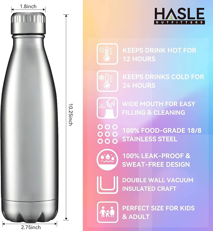 HASLE OUTFITTERS 17oz Stainless Steel Water Bottles Bulk, Vacuum Insulated Water Bottles Double Walled Reusable Metal Sports Water Bottles Keep Drinks Hot and Cold, Stainless, 8Packs