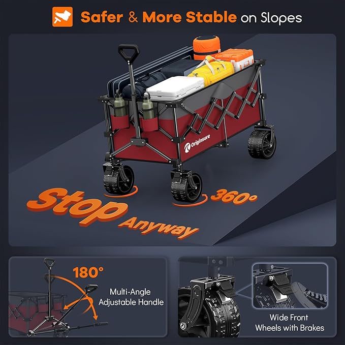 220L Collapsible Wagon Cart Foldable, 460lbs Load Capacity Heavy Duty Folding Beach Wagons with Big All-Terrain Wheels, Utility Carts for Groceries, Camping, Sports - Grey&Burgundy