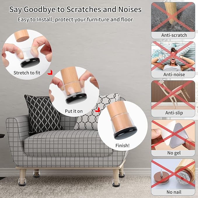 Ezprotekt 8 Pcs Large Clear Chair Leg Sliders for Carpet, Round Chair Glides for Rug, Teflon Furniture Pad Bar Stool Leg Protectors Caps - for Table, Couch, Desk Legs (XL Fit: 1-2/5" to 1-13/20")
