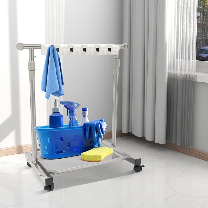 Broom Mop Holder, Movable Put Wet Mops Broom Floor Standing Cleaning Tool Rack 6 Hook and 5 Slots, Stainless Steel Cleaning Supplies Organizer for Home Schools Hospitals Factories Hotels Restaurant