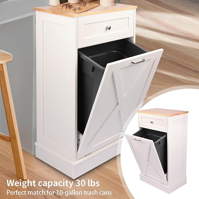 Betterhood Tilt Out Trash Cabinet 10 Gallon Wooden Free Standing Laundry Sorter Cabinet,Recycling Cabine with Hideaway Drawer,Tilt Out Trash Cabine Can Bin Kitchen (White)