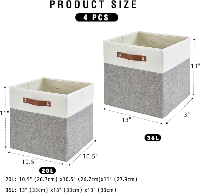 Collapsible Fabric Storage Cube Bins with 2 Reinforced PU Handles, Foldable Storage Organizer Baskets for Closet, Shelves, Living Room | 13"x13"x13", 4 Pack, Gray & White