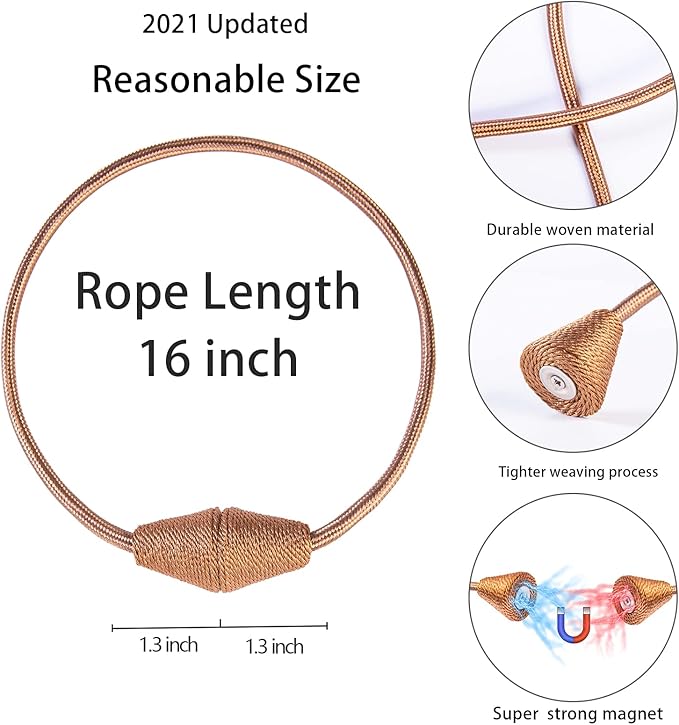 2 PCS Magnetic Curtain Tiebacks, European Style Convenient Drape Tie Backs Holdbacks for Thin or Thick Home & Office Window Draperies, No Tools Required（Light Coffee