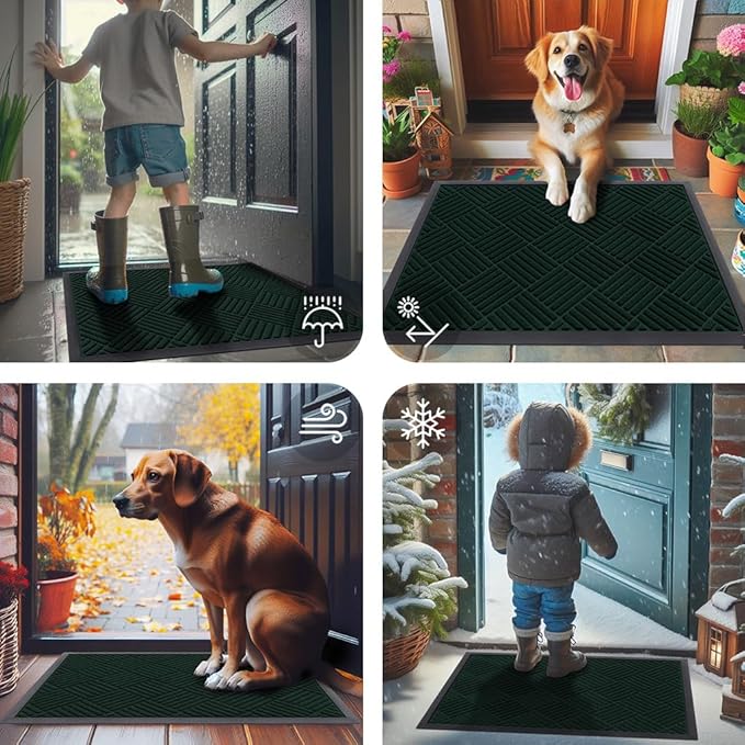 Smiry Front Door Mat Outside Entrance, Heavy Duty Outdoor Indoor Mat, Natural Rubber Doormat, Non Slip, Trap Dirt and Moisture, Easy Clean, Low Profile Patio Porch Entryway Mat, 29.5x17, Dark Green