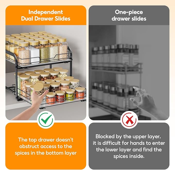 Spice Rack Organizer for Cabinet, 2 Tier Pull Out Spice Rack – Heavy Duty Metal Spice Organization for Cabinet, 50-Jar Capacity, Height Adjustable Cabinet Organizer (11.5W" X 10.5"D X 9"H, Black)
