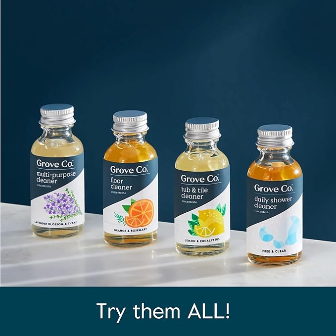 Grove Co. Floor Cleaner Refill Concentrate (2 x 1 Oz) + 1 x Durable Glass Spray Bottle (16 Oz) Plant-Based Cleaning Supplies Bundle, No Plastic Waste, 100% Natural Orange & Rosemary Scent