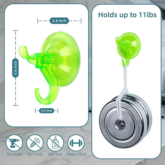 Antimbee Clear Suction Cup Hanger, 5 Pack Removable Small Suction Cups for Shower, Bathroom, Glass, Door, Windows, Kitchen - Up to 11 lbs on Smooth Surface - 2 Hooks Design (Transparent Green)