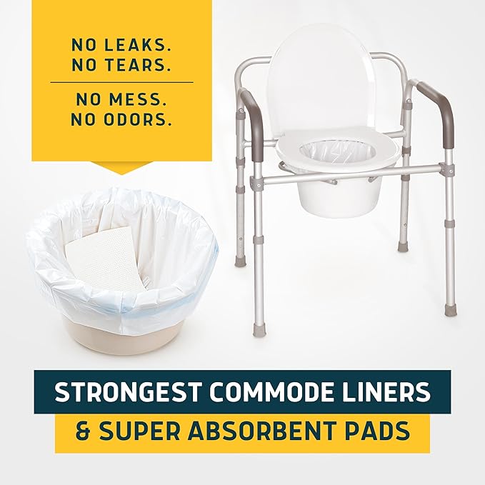Lunderg Commode Liners with Absorbent Pads - Lemon Scent Medical Grade 50 Count Universal Fit - Disposable Bedside Commode Liners and Pads for Adult Chairs, Portable Buckets & Camping Toilet Bags