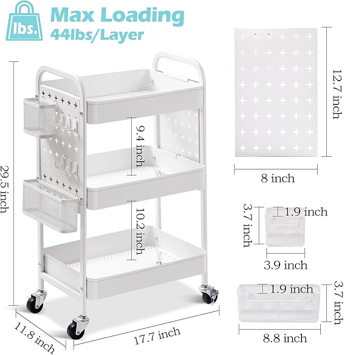 TOOLF 3-Tier Rolling Cart, Metal Utility Storage Cart with DIY Pegboards, Art Craft Trolley with Baskets Hooks, Serving Organizer Easy Assemble for Office, Home, Kitchen, Classroom (White)