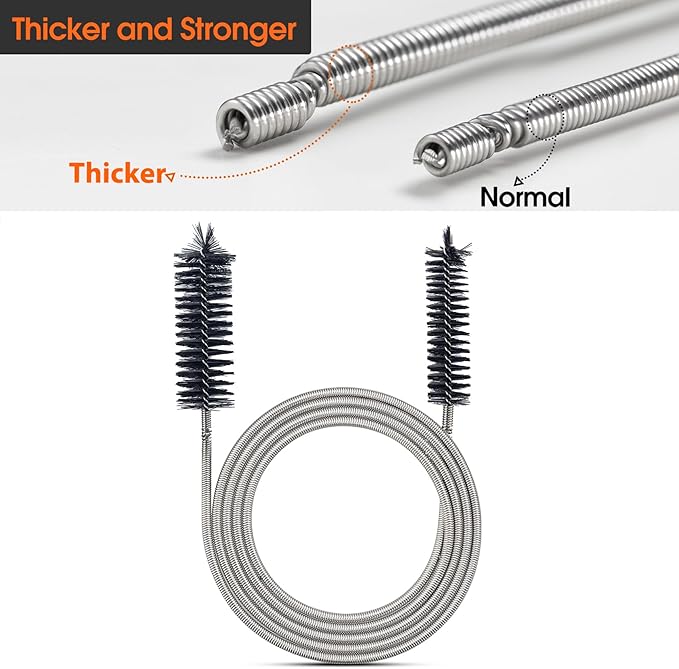 Extra-Thick Drain Brush with Stronger Spring 61-Inch Stainless Steel and Nylon Pipe Cleaner for Flexible, Curved & Slim Holes, Stronger Spring Version