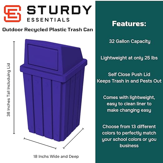 32 Gallon Square Slatted 100% Recycled Plastic Heavy-Duty Commercial Outdoor or Indoor Trash Can with Push Top Lid | Great for Schools and Businesses - Blue