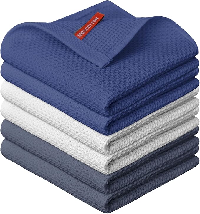Artoid Mode 100% Cotton Navy Blue Light Dark Grey Waffle Weave Kitchen Dish Cloths, 12x12 Inch Ultra Soft Absorbent Quick Drying Kitchen Dish Towels Set of 6, Multicolor