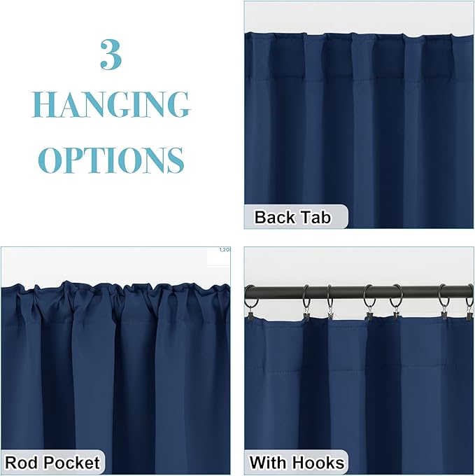RYB HOME Kitchen Window Curtains - Blackout Privacy Half Window Curtains for Bedroom Bathroom Dining Living Room Cafe Office Short Tiers Drapes, W 34 x L 36 inches, 2 Panels, Navy Blue