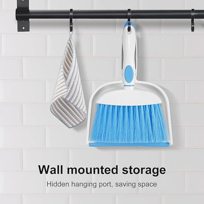NACENA Small Dust Pan and Brush Set, Mini Broom and Dustpan Set Small Hand Broom and Brush Combo Dust Pan with Teeth for Home Cleaning Drawers Desktop Sofas Pet Care and Outdoor, Dark & Blue