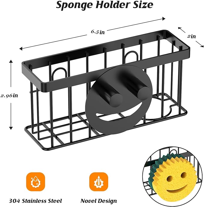 Sponge Holder Smiley Face,Sink Caddy,Sink Organizer with 2 Suction Cups/1 Adhesive Strips,Designed for Sponge,Soap,Dish Brush,Scrubber - Black