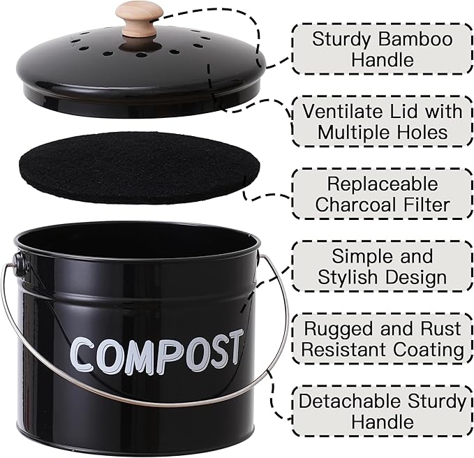 Compost Bin for Kitchen Counter, 1 Gallon Compost Bucket with Lid and Charcoal Filter, Countertop Composter, Rust Proof Indoor Food Waste Bin, Black
