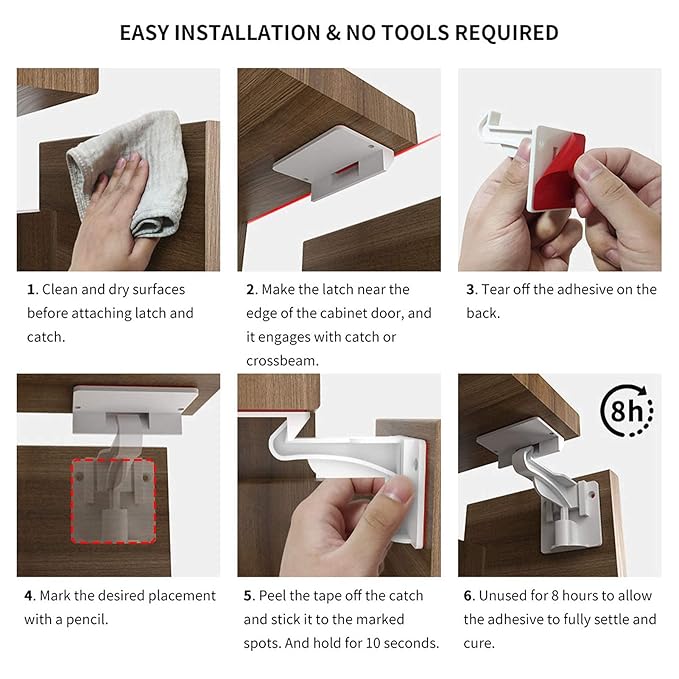 Cupboard Locks for Children - Child Safety Locks, Baby Proofing Drawer Kit Latches - No Drilling - Non Magnetic Child Proof Kitchen Cabinet Lock for Babies - Childproof - 10 Pack