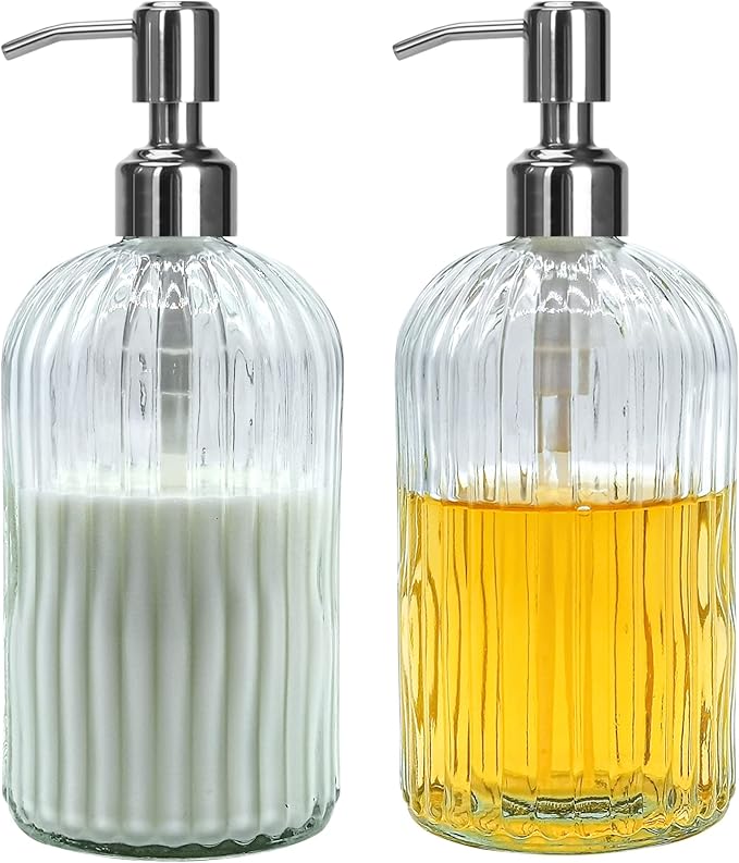 Clear Glass Soap Dispenser 18 oz, 2 Pack Hand Dish Soap Dispensers Bathroom with Stainless Steel Pump, Refillable Kitchen Liquid Decorative Bottles for Hand Sanitizer, Lotion