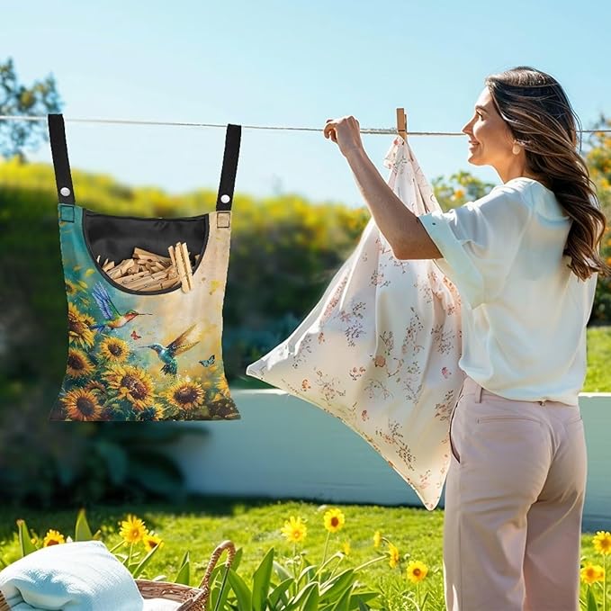 2 Pcs Clothes Pin Hanging Bag with Big Opening Storage Clothes Pins & Mini Clothespins，Hanging Laundry Bag Fits Retractable Clothes Line Outdoors（Hummingbird Sunflower）