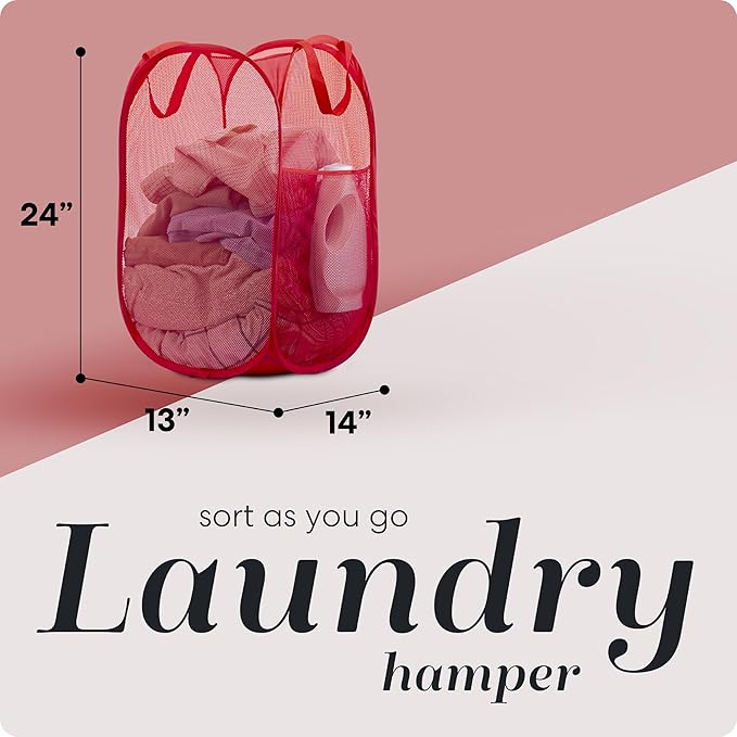 Handy Laundry Collapsible Mesh Pop Up Hamper with Wide Opening and Side Pocket - Breathable, Sturdy, Foldable, and Space-Saving Design for Clothes and Storage (Red)