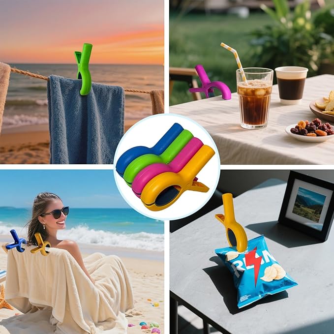Jumbo Size Beach Towel Clips 8 Pcs, Storage Bag Included, Towel Clamps, Plastic Clothes Pegs Hanging Clamps, Towel Clips for Beach/Pool Cover/Cruise Chairs, Heavy Duty Clothes Pins, Beach Accessories