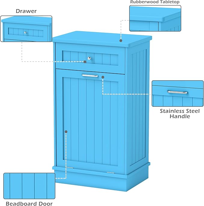 Betterhood Tilt Out Trash Cabinet 10 Gallon Wooden Free Standing Laundry Sorter Cabinet,Recycling Cabinet with Hideaway Drawer,Tilt Out Trash Cabinet Can Bin Kitchen (Single Light Blue, Single Dooor)