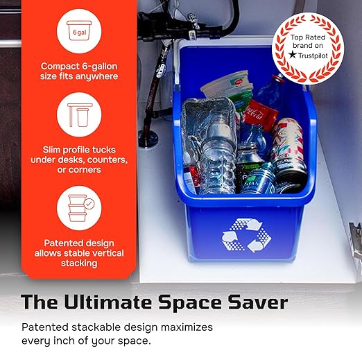 6 Gallon Stackable Recycling Bins for Homes, Garages, Offices Made of 100% Recycled Plastic - (Blue, 20 Pack)