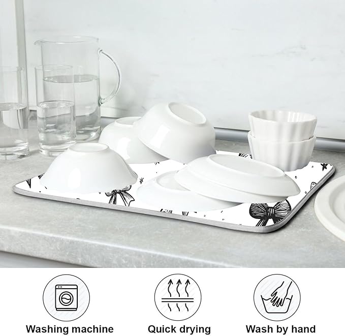 Black White Bowknot Dish Drying Mat for Kitchen Countertop 18x24 Rectangle Bow Large Drying Mat Reusable Quick Dry Dish Sink Absorbent Mats Dishwasher Easy Clean Decorative Home Decor Essentials
