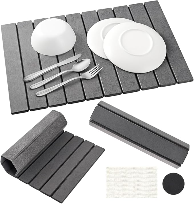 Large Stone Dish Drying Mats for Kitchen Counter, Foldable Quick Drying Mats, Eco-Friendly, diatomaceous earth bath mat, tapete de piedra absorbente para cocina 24" L x 16" W Inches (DARK GREY, LARGE)