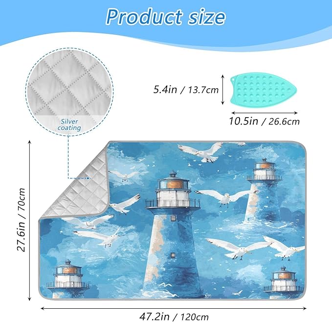 Watercolor Blue Lighthouses and Seagulls Ironing Mat Thickened Ironing Blanket Travel Portable Double-Side Using Ironing Pad Travel Isolate Heat Pad Cover for Washer Dryer Table Top Countertop