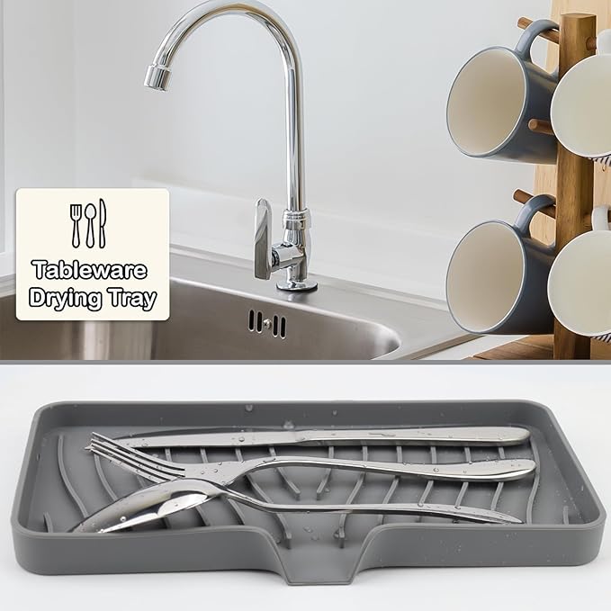 YASMEN Silicone Bathroom Soap Dishes, Sink Sponge Holder for Kitchen, Rubber Soap Dish with Drain, Shower Soap Sponge Tray, Sink or Counter Organizer, for Bar Soap, Bottle, Dish Soap Dispenser-Gray