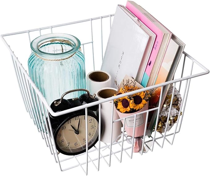 Upright Freezer Organizer Bins， Freezer Baskets for 14, 15 cu.ft Standup Freezer, Wire Storage Baskets with Built-in Handles for Frozen Foods, Snacks, Vegetables, Fruits and More, 4Pcs , White