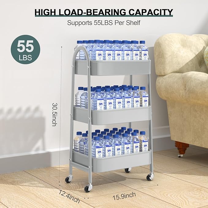 EAGMAK 3 Tier Utility Rolling Cart, Metal Storage Cart with Handle and Lockable Wheels, Multifunctional Storage Organizer Trolley with Mesh Baskets for Kitchen, Living Room, Office, Garage (Grey)