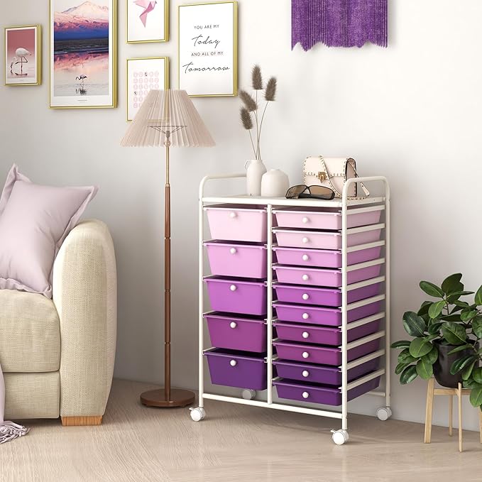 GOFLAME 15-Drawer Rolling Storage Cart, Multipurpose Movable Organizer Cart, Utility Cart for Home, Office, School, Purple Gradient