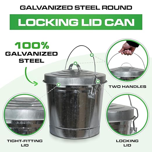 Plexon 6 Gallon Small Metal Trash Can with Locking Lid Galvanized Metal Bucket with Lid for Poultry Feed Bird Seed Storage Ash Outdoor Garbage Trash Bin 2 Pack