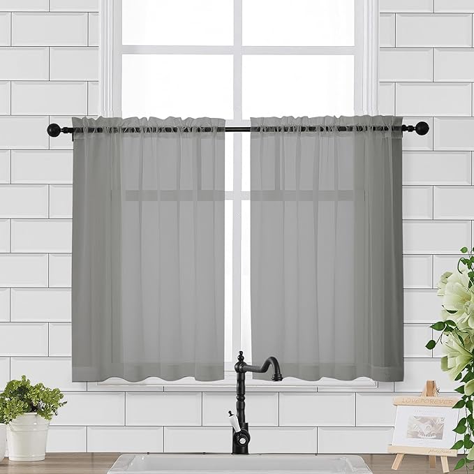 Chyhomenyc Sheer Window Curtains Tier 2 Pieces Set, 36 inch Length, Short Dining Curtains Window Treatment for Small Windows/Bathroom/Cafe/Living Room, Rod Pocket, Charcoal Grey