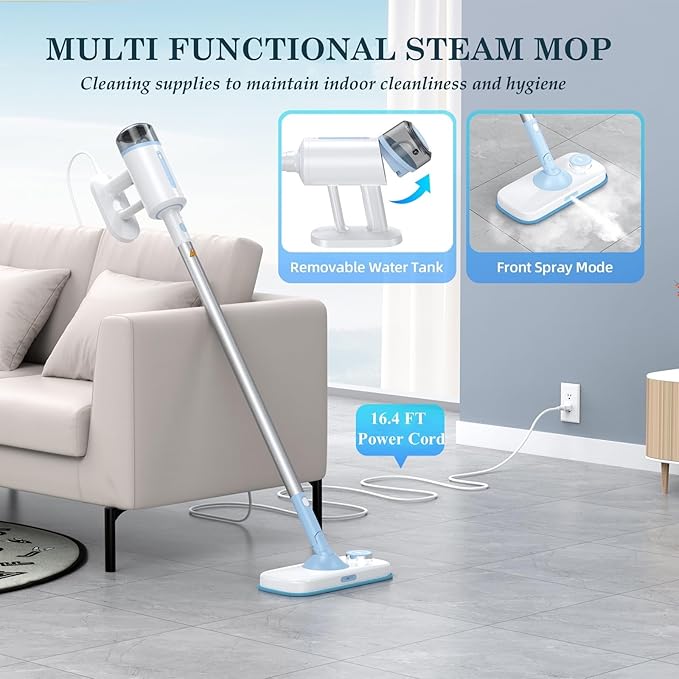 Steam Mop with Detachable Handheld Steamer Suitable for Hardwood, Tile, Laminate and All Floors, Powerful Steam Cleaner with Multipurpose Attachments Perfect for Other Home Cleaning