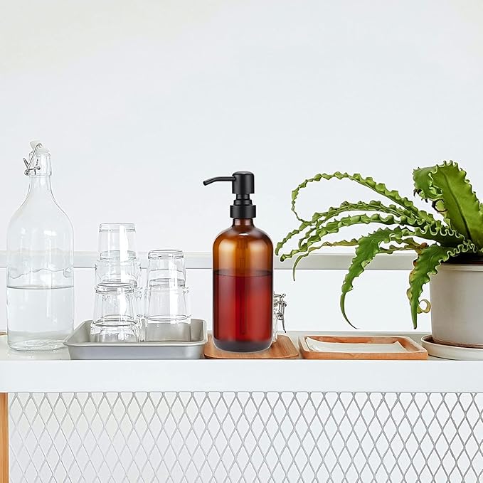 AmazerBath Amber Glass Soap Dispenser, 2 Pack Soap Dispenser Set with Stainless Steel Pump, Vintage Liquid Brown Soap Dispensers Bottle, 17 Oz Dish Soap and Hand Soap Dispensers for Bathroom Kitchen