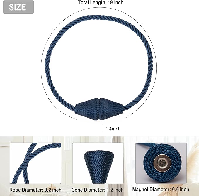 Magnetic Curtain Tiebacks 2 Pack Outdoor Rope Curtain Tie Backs Decorative Window Treatment Holdbacks for Home Decorative Curtain, Blue