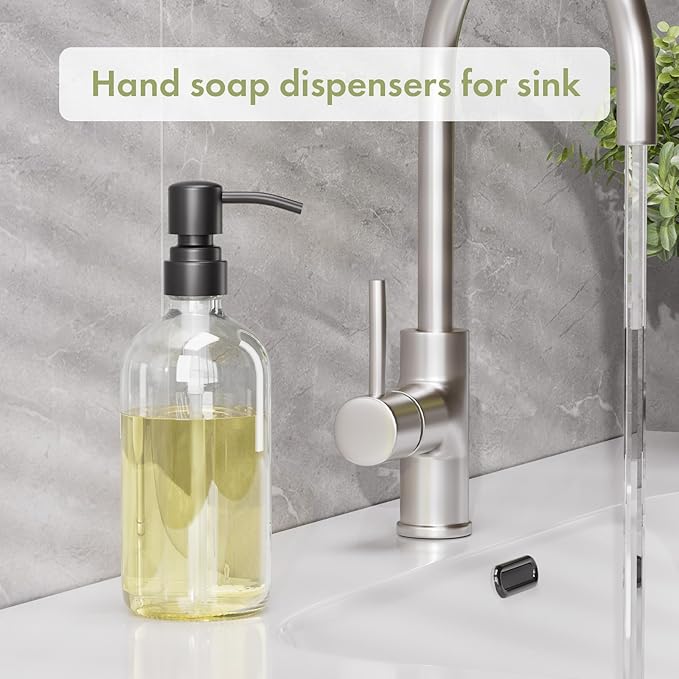 AmazerBath Soap Dispenser, 2 Pack Glass Soap Dispenser with Stainless Steel Pump, 17 Oz Bathroom Hand Soap Dispensers Bottle for Bathroom & Kitchen, Clear & Black