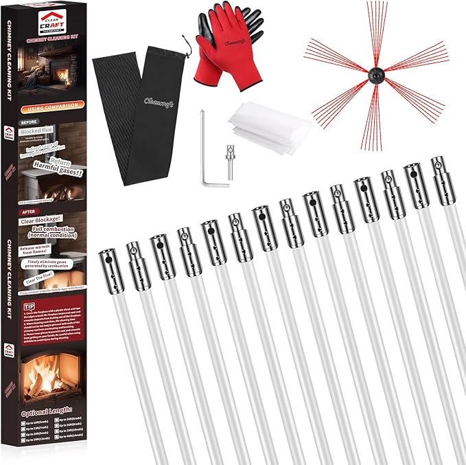 46 Feet Chimney Sweep Kit, Chimney Cleaning Kit with 14 Flexible White Chimney Rods, Chimney Brush for Sweeping Fireplace, Rotary Chimney Cleaning System Driven by Drill
