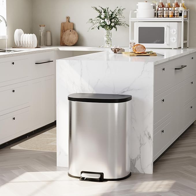 13.2 Gal/50L D-Shape Trash Can, Step-On Stainless Steel Garbage Can, Soft-Close Lid, Anti-Fingerprint Surface, Recycling Bin with Removable Inner Basket for Kitchen Dining Room