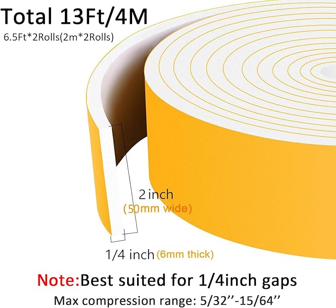Strong Adhesive Foam Insulation Tape Self Adhesive, Closed Cell Weather Stripping for Doors and Windows, Cooling,Air Conditioning Seal Strip, Self Adhesive Foam Tape(2 in x 1/4 in x 13Ft)