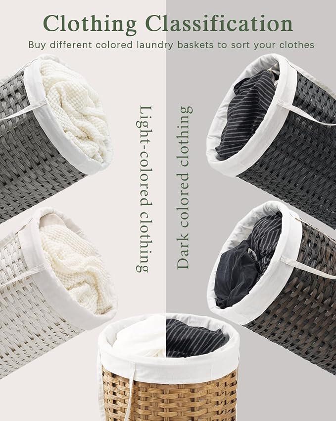 Large Laundry Hamper Laundry Basket Round 34.3 Gal (130 L) Handwoven Wicker Laundry Baskets Rattan Laundry Basket with Laundry Bag Handles 2 Mesh Bags for Living Room Bedroom White
