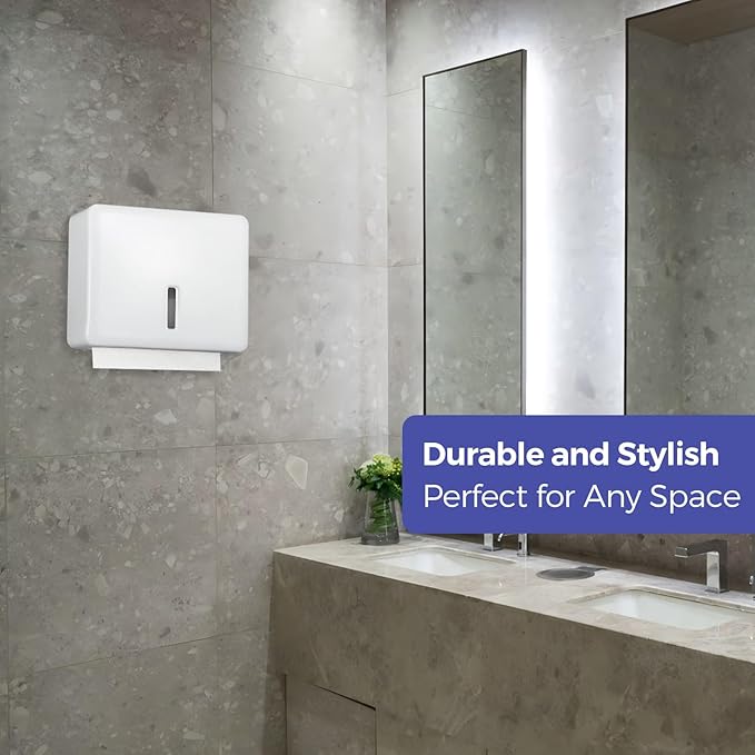 Multifold Paper Towel Dispenser Wall Mount (White) – Large Capacity C-Fold, Trifold, and Folded Commercial Hand Towels Holder for Bathroom & Restroom – Adhesive or Screw Mounted