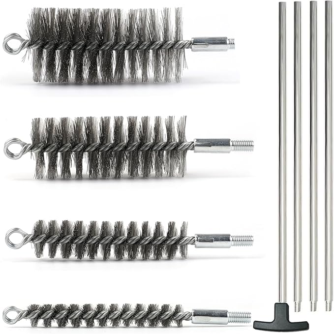 50 in Pipe Cleaning Brush Set with Stainless Steel Bristles, Wire Brush with 4pcs Galvanized Rod, Stainless Steel Pipe Brush 4pcs for Auto Parts, Bottles, Tubes. (3/5, 1, 1 3/5, 2 in Brush Heads)
