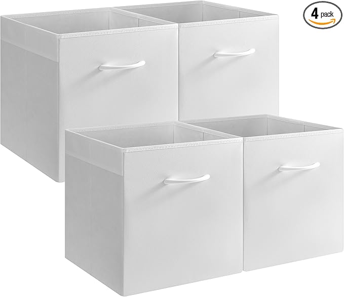 StorageWorks White Storage Cubes, 13-inch Leather Bins with Handle, Cube Organizer Baskets for Shelves and Closet, Collapsible Storage Bins, 4-Pack